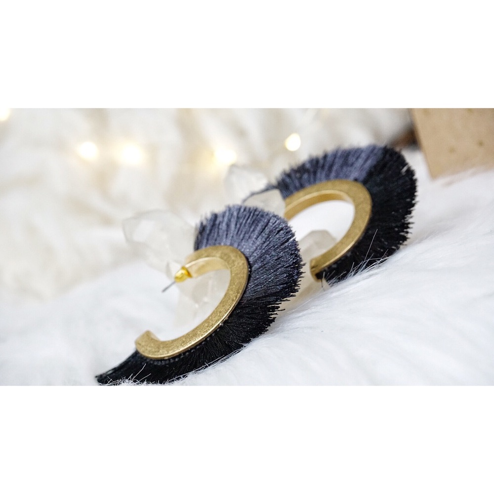 NEW! Black Charcoal Two Tone Tassel Hoop Earrings - Picture 6 of 10